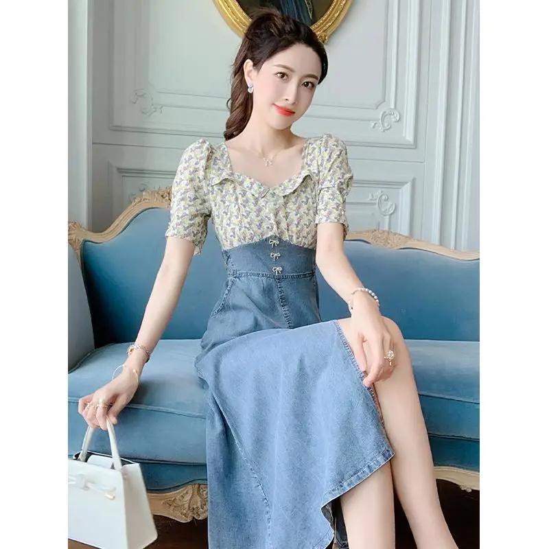 have more cash than can be accounted for square neck Denim stitching Dress female summer Close your waist temperament Goddess Light luxury Gao Ding Sense of design longuette