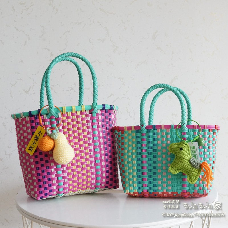 ins summer fresh Mint Green manual Woven bag Vegetable basket Simplicity handbag seaside Beach Bag trumpet
