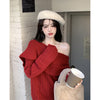 Straight shoulder sweater female Hong Kong flavor sexy clavicle strapless  Long sleeve jacket Languid winter Sense of design gules Sweater