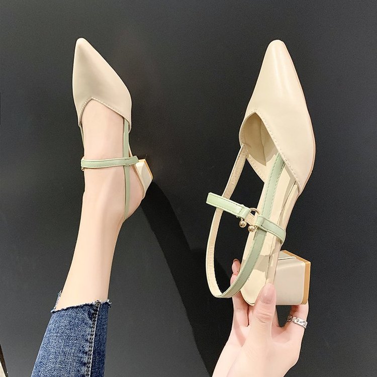 fashion Sharp point Shallow mouth Sandals female 2023 summer The new Thick heel Middle heel girl Baotou Straight buckle Women's Shoes tide