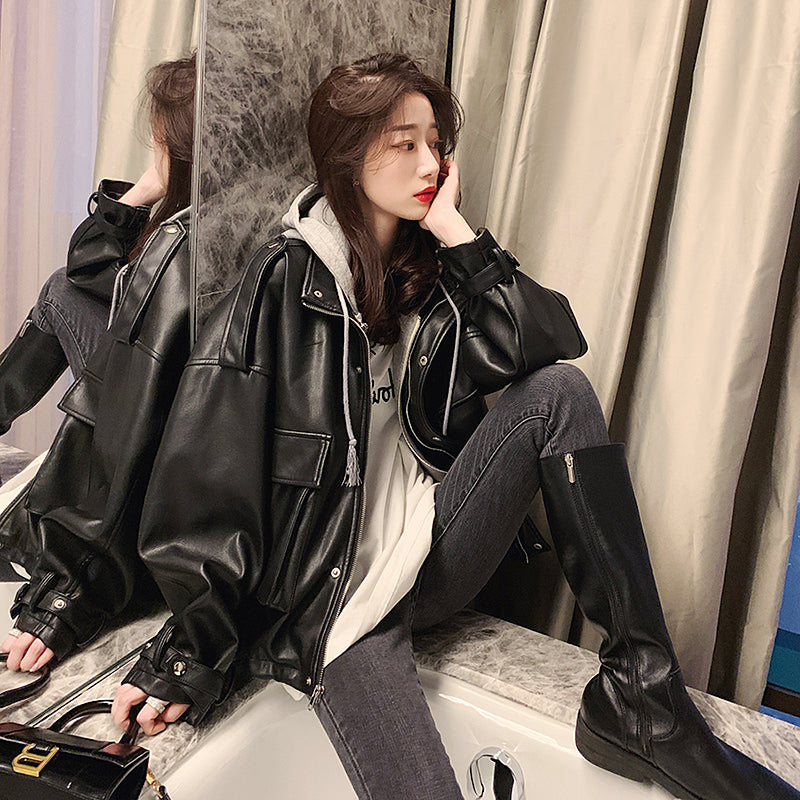 leather clothing loose coat female spring new pattern Port style Adding cotton thickening Fake two leisure time have cash less than that is registered in the accounts Locomotive clothes pu leather jacket Cool