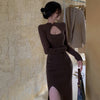 Load image into Gallery viewer, knitting Dress female Autumn and winter Improved version Fork cheongsam evening show sexy Celebrity temperament Tight fitting have more cash than can be accounted for full dress