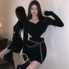 Load image into Gallery viewer, hottie pure desire black chain V-collar backless Tight fitting Buttocks knitting halter  Dress female Long sleeve sexy Short skirt