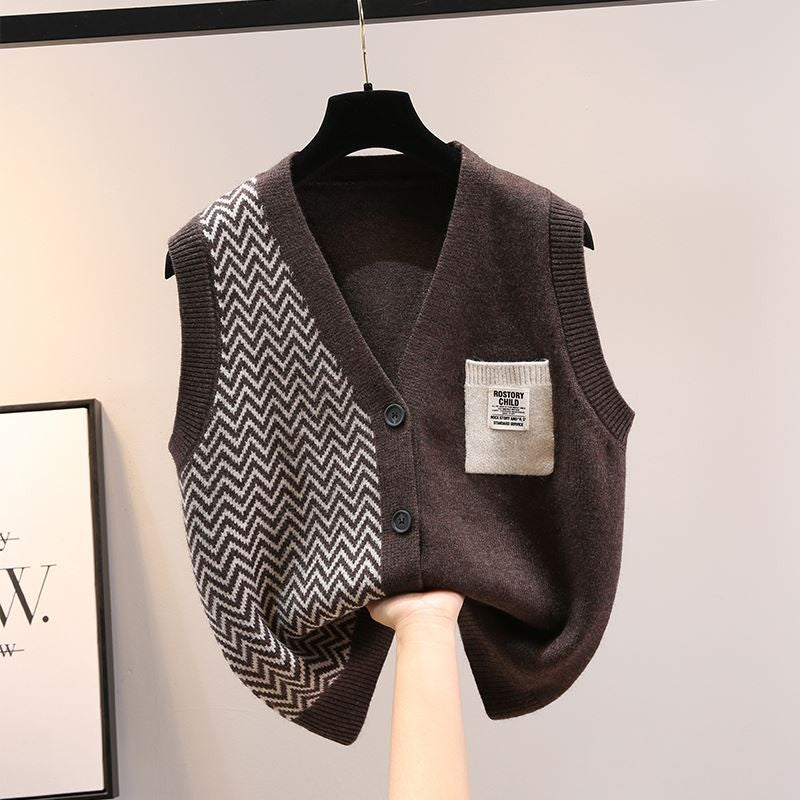 Korean version 2022 new pattern Autumn and winter ma'am pocket Splicing knitting Vest vest sweater Outside wear spring and autumn Vest