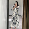 WMXZ new pattern female bow belt printing shirt type Lapel long Dress 8214053   8214 / 053