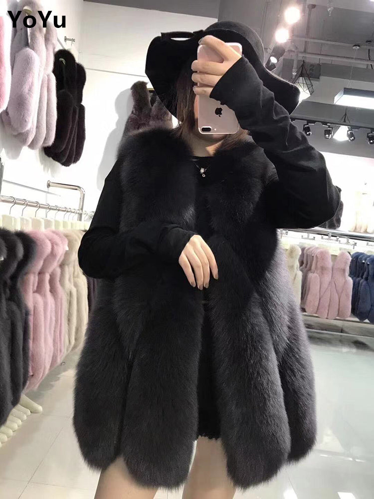 Autumn and winter new pattern Import Fox  Vest female Medium and long term vest Vest Self-cultivation Water drop leather and fur loose coat female fashion