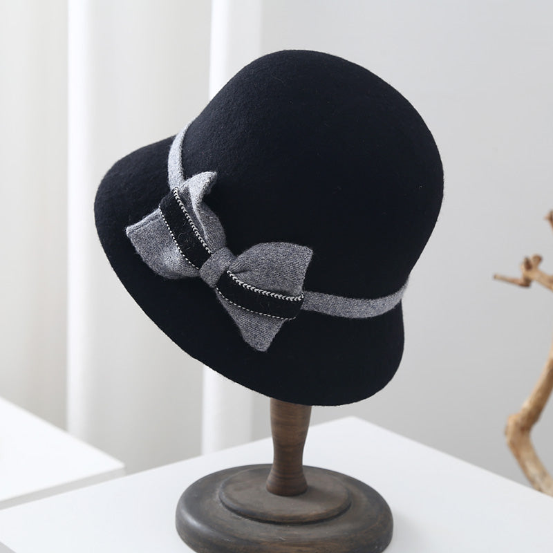 Wool Fisherman hat female Autumn and winter Britain Retro bow grace temperament Stylish and versatile Basin cap formal hat