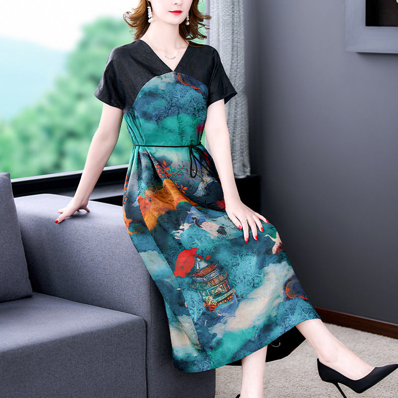 2022 Spring and summer V Collar short sleeve Dress female Splicing Big size printing Middle aged and elderly Mother dress Medium and long term A-line skirt