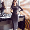 sweater Dress female Autumn and winter Medium and long term sexy Over the knee Self cultivation temperament Fork Buttocks knitting Bottomed skirt