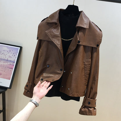 European goods Big size leather clothing loose coat female 2022 autumn new pattern leisure time Retro have cash less than that is registered in the accounts locomotive pu leather jacket jacket