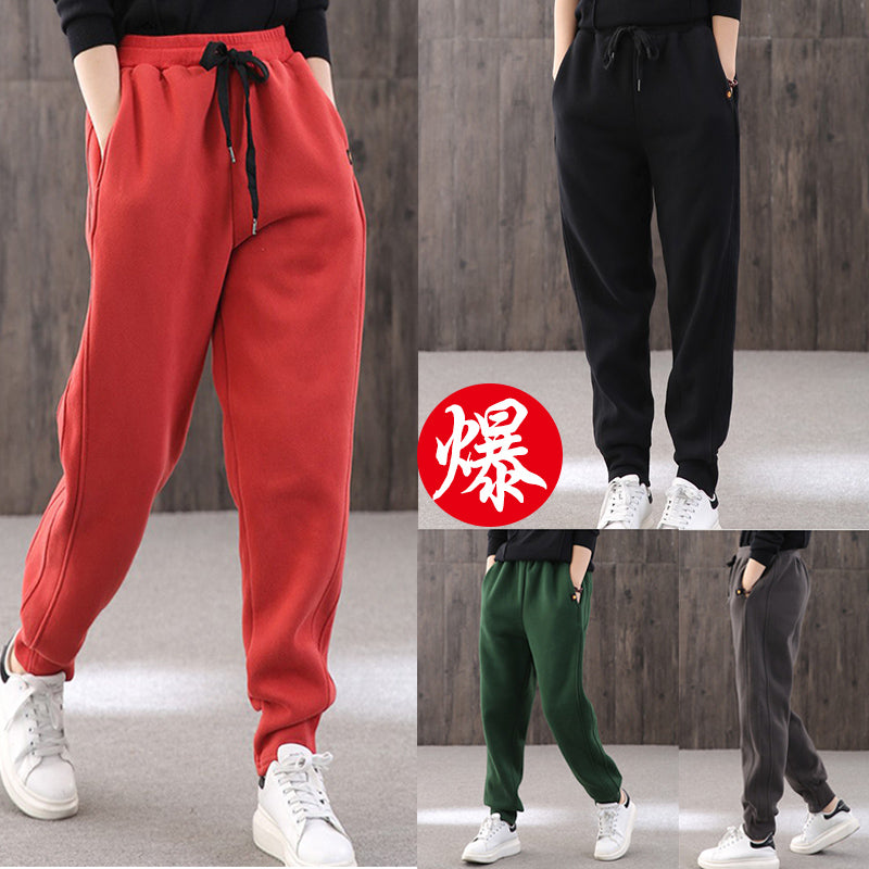 Hong Kong Plush Sports pants female winter 2021 new pattern easy Big size Women's trousers Versatile thickening Tie one's feet Harlan sweatpants