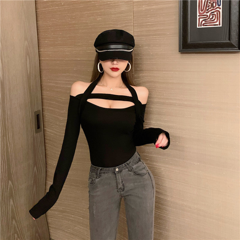sexy halter  Straight shoulder Long sleeve T-shirt autumn 2021 new pattern Self cultivation Show thin Sense of design have cash less than that is registered in the accounts jacket female tide