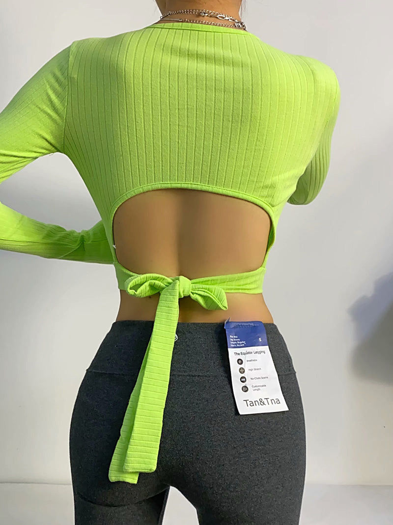 202 Spring and summer new pattern High waist Long sleeve T-shirt back Bandage Exposed navel have cash less than that is registered in the accounts jacket Hollow out Bareback Beautiful back Undershirt