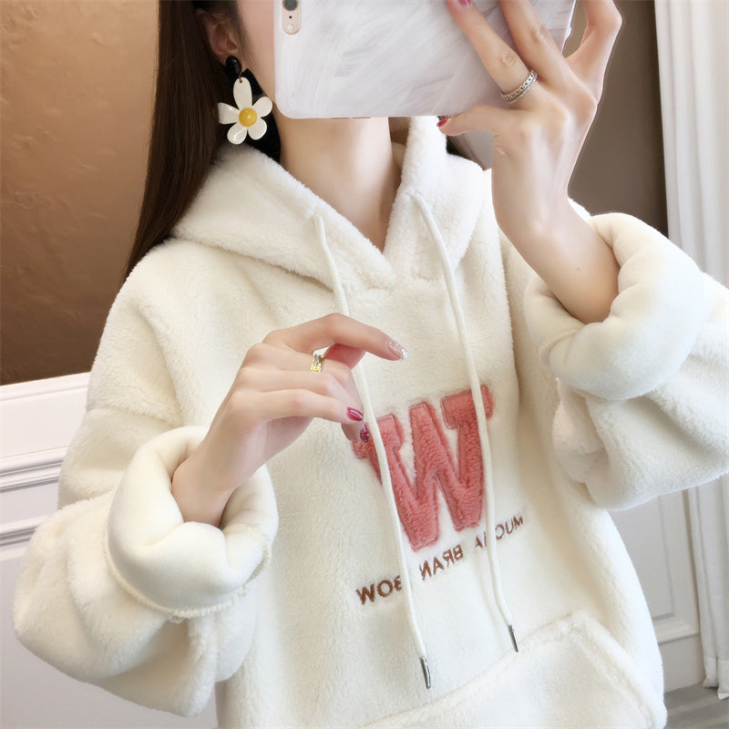 Autumn and winter Lamb hair Hooded Sweater female Plush thickening 2022 new pattern winter ma'am easy Lamb cashmere loose coat