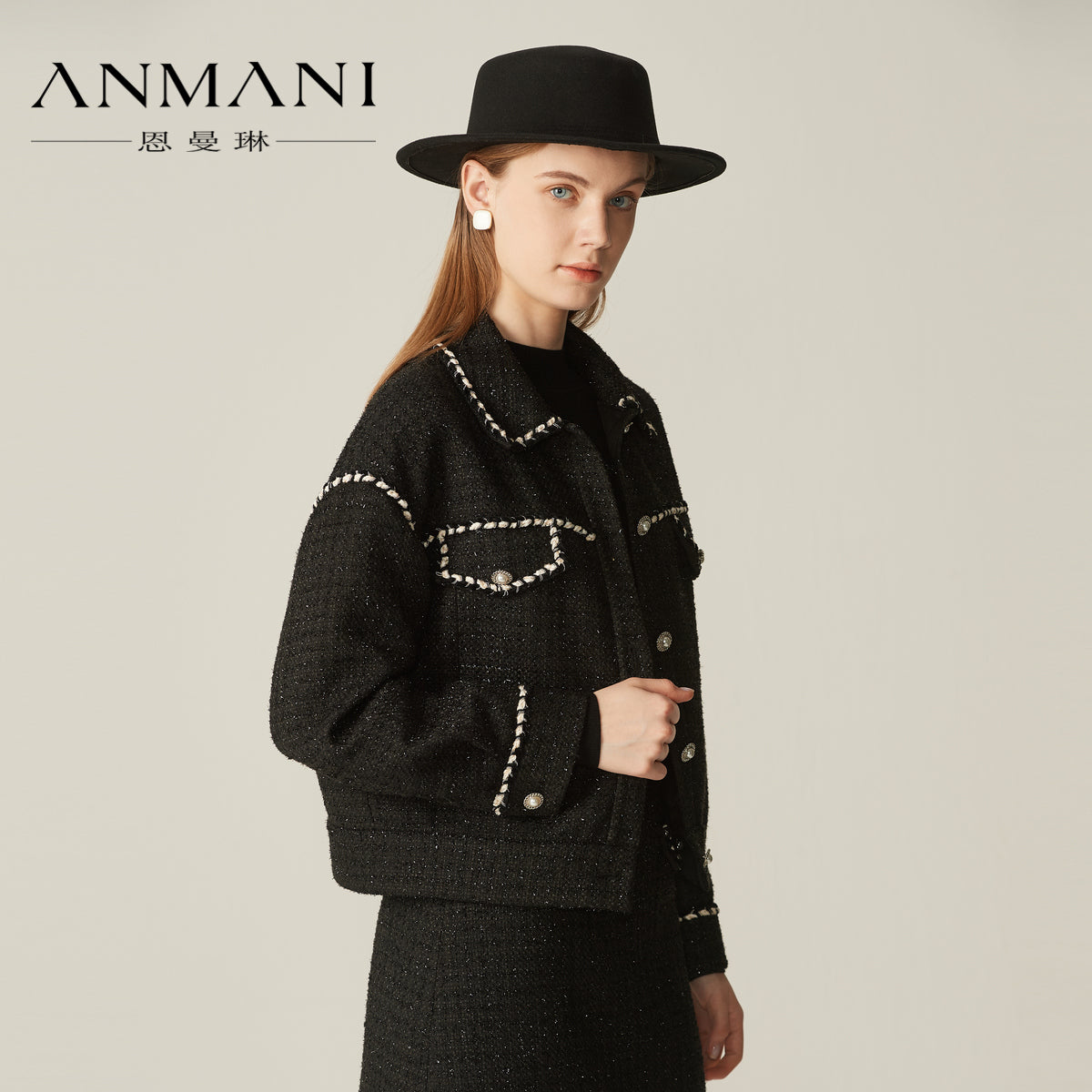 ANMANI Emmanuel 21 autumn Simplicity Lapel Color contrast Bright silk Tweed Cardigan female short coat EANACG32
