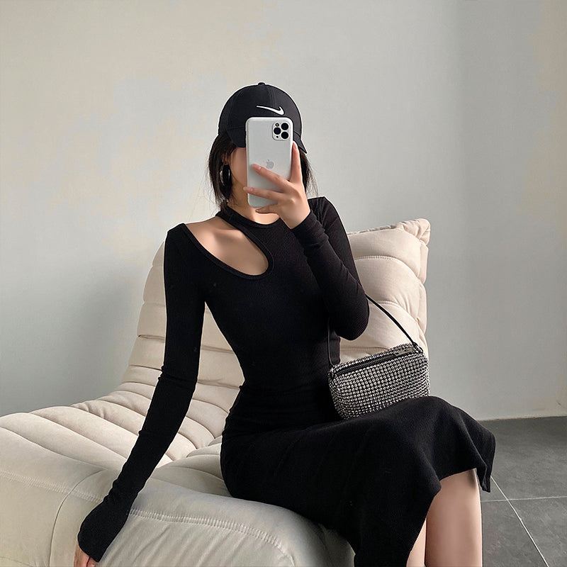 YoungGirlDay European style Self-cultivation Show thin Hollow out Exposure of clavicle Medium and long term Fork Lay a foundation Long sleeve Dress