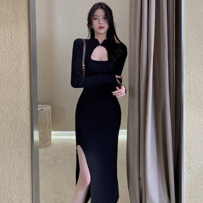 knitting Dress female Autumn and winter Improved version Fork cheongsam evening show sexy Celebrity temperament Tight fitting have more cash than can be accounted for full dress