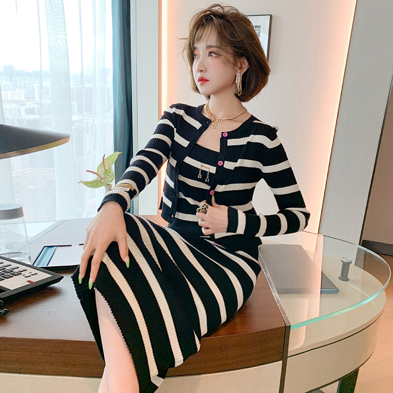 MIUCO Striped knitting Round neck Cardigan + camisole Self-cultivation Show thin Dress Two piece set Women's wear 2021 autumn k