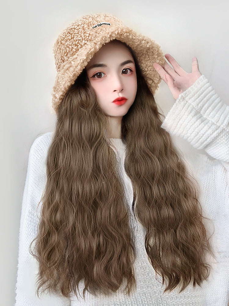 Wig female Long hair band Wig Hat one 2021 Autumn and winter fashion new pattern Curly hair water ripple Full headgear simulation
