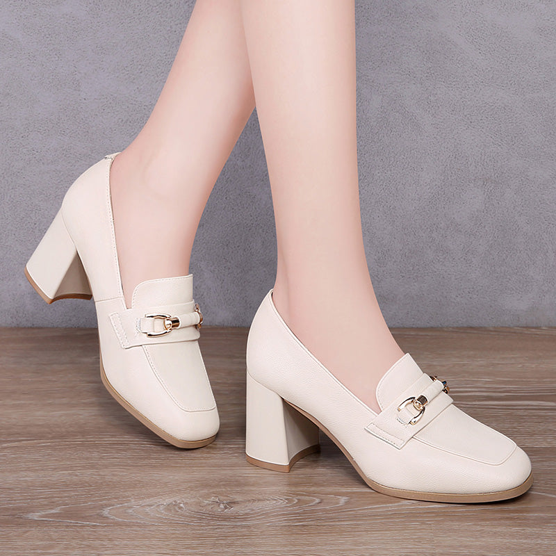 spring summer Real leather shoes ma'am black crude high-heeled Square head Kick on Fashion and leisure Single shoes Women's wear high-heeled shoes work Office shoes Big size Beige Spring and summer new pattern Women's shoes