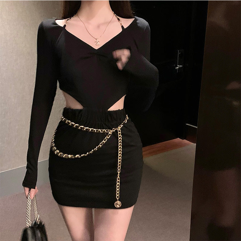 hottie pure desire black chain V-collar backless Tight fitting Buttocks knitting halter  Dress female Long sleeve sexy Short skirt