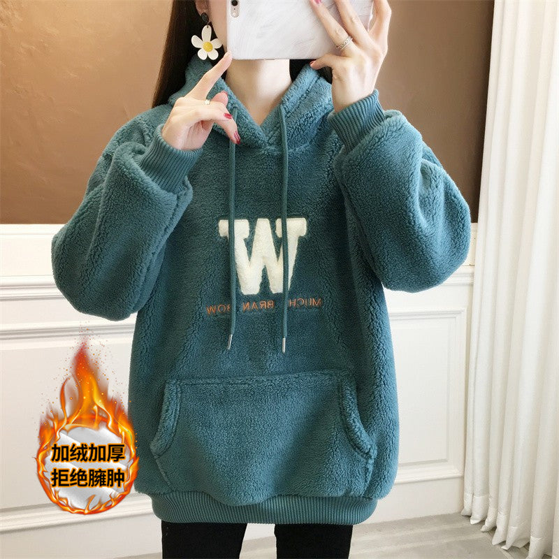 Autumn and winter Lamb hair Hooded Sweater female Plush thickening 2022 new pattern winter ma'am easy Lamb cashmere loose coat