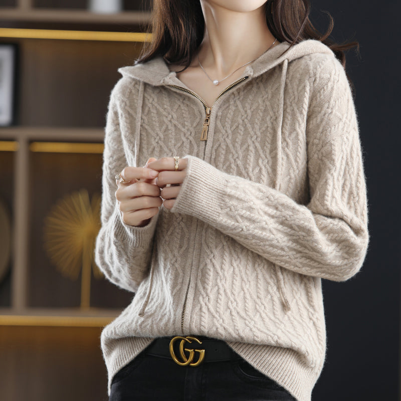 AXDX ~   Autumn and winter Cashmere Skin friendly Hooded Solid color Long sleeve easy loose coat wool Bottom up zipper knitting Cardigan female