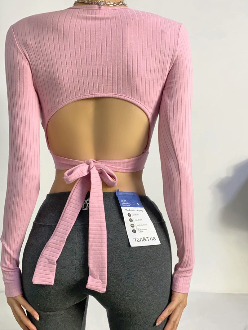 202 Spring and summer new pattern High waist Long sleeve T-shirt back Bandage Exposed navel have cash less than that is registered in the accounts jacket Hollow out Bareback Beautiful back Undershirt