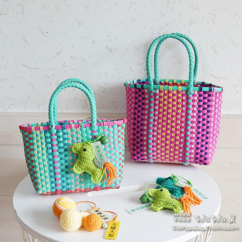 ins summer fresh Mint Green manual Woven bag Vegetable basket Simplicity handbag seaside Beach Bag trumpet