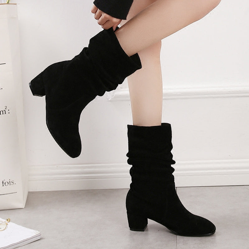 black Sleeve Nubuck leather Middle boots female genuine leather Medium boots Thick heel Half tube boots Plush suede  Kick on fashion