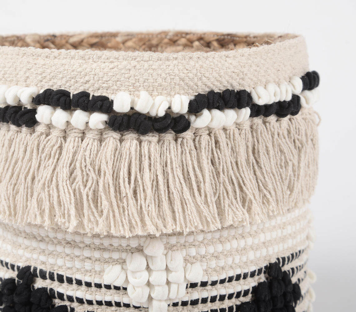 Textured Handwoven Cotton & Braided Jute Basket