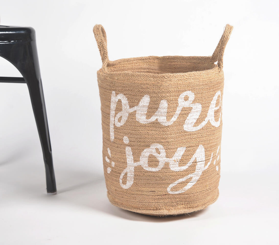 Handwoven Jute 'Pure Joy' Printed Basket